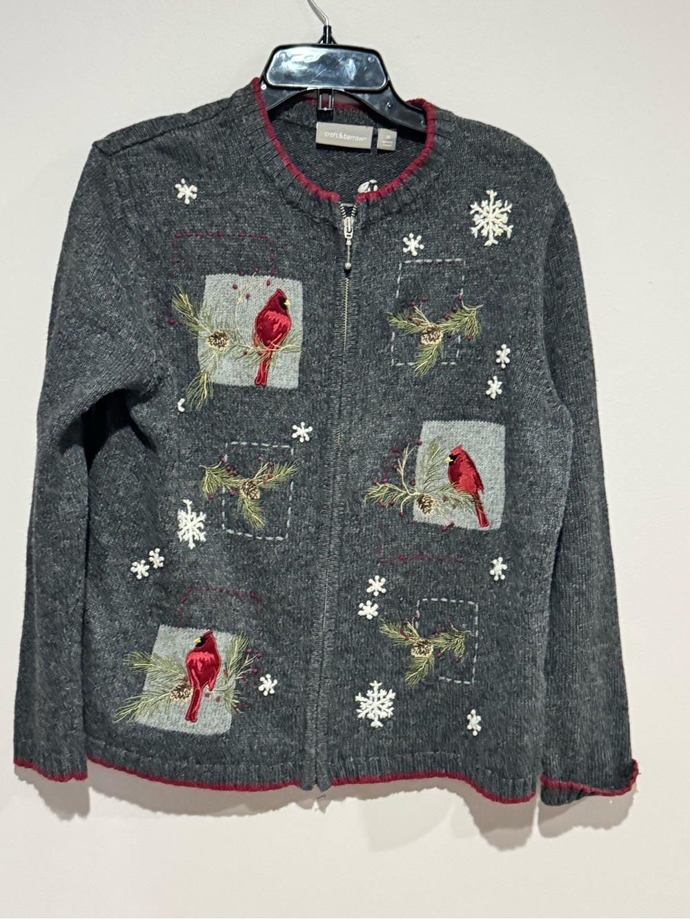 VTG Croft & Barrow Size M Cardinals Snowflake Wool Blend Full Zip Cardigan